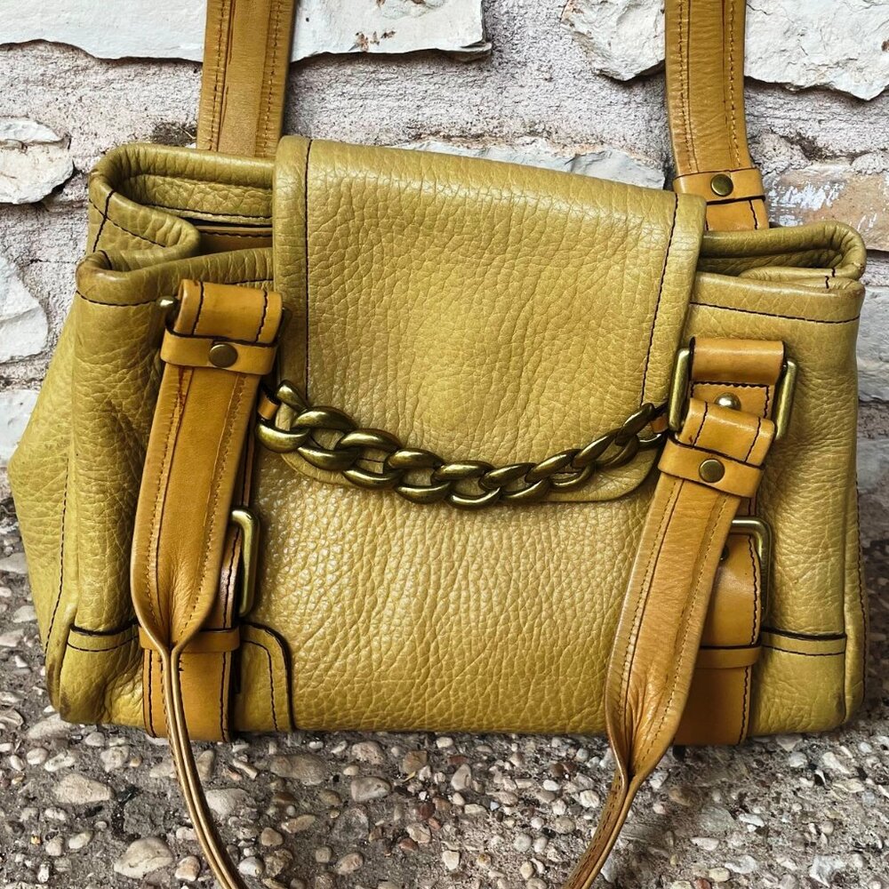 Kenneth Cole Yellow Pebble Caviar Leather Satchel Purse Bag